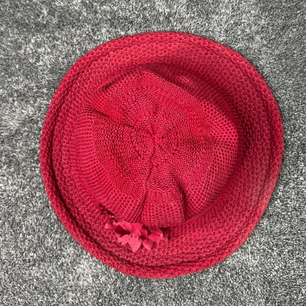 Red Knit Cloche Hat with Floral Accent Vintage Style Rolled Brim Women Accessory